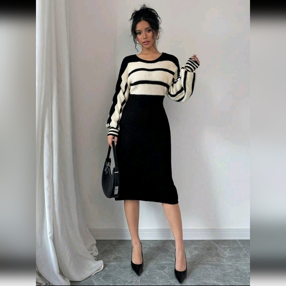 Women's Elegant Knitted Sweater Dress With Round Neck, Long Sleeves, Striped, Dr - Picture 4 of 6